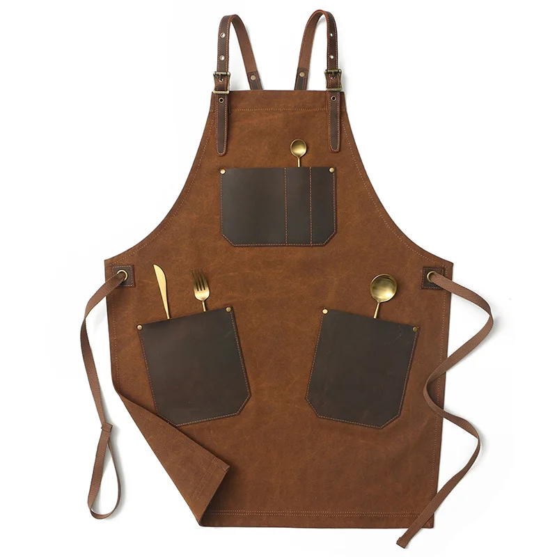 

1pcs Apron Canvas Vintage Distressed Style Multi-Pocket Thickened Durable Restaurant Server Apron