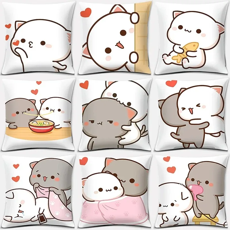 45x45 cm Cartoon Cute Pillowcase Mocha Mochi Peach Cat Cushion Cover Pillowcase Sofa Car Pillowcase Decorative Pillow