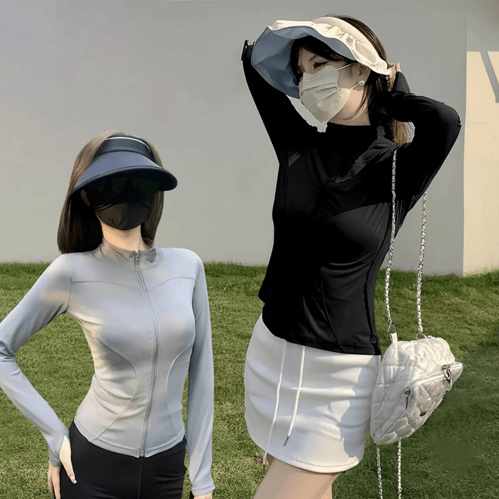 Black Sun Protection Jacket Fitness Long Sleeve Jackets Cardigan Casual Wear Full Zipper Holiday Jacket Long Sleeve