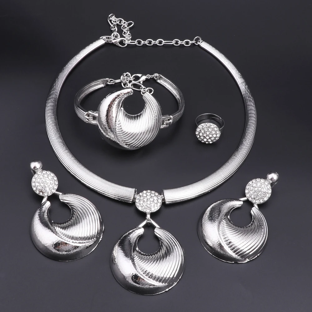 Dubai Jewelry Set For Women Silver Plated Luxury Necklace Earrings Bracelet And Ring Set Jewelry For Wedding Party Trending ﻿