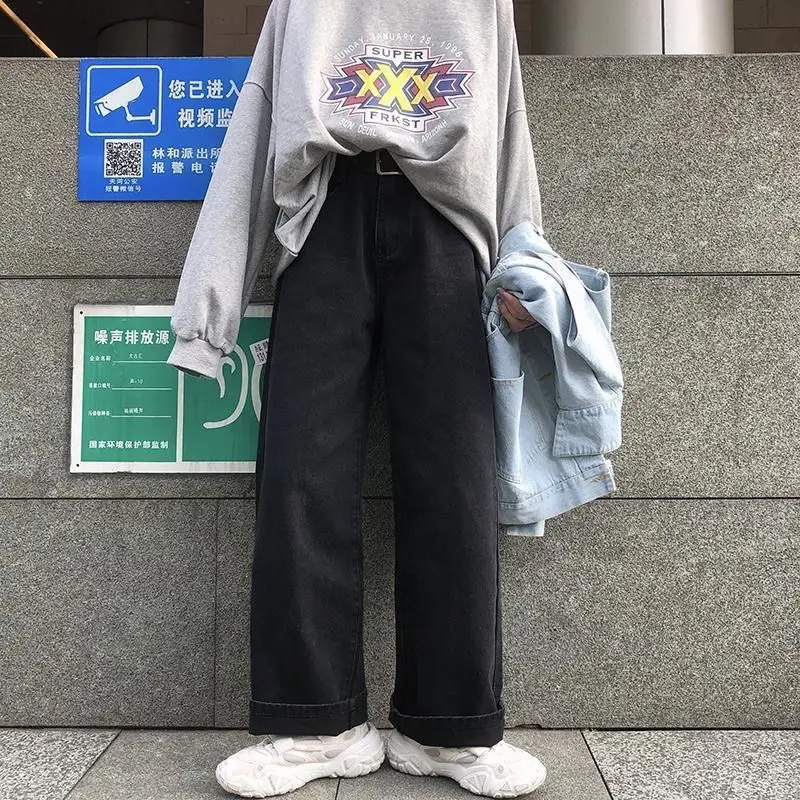 Spring Autumn Fashion High Waist Solid Pocket Jeans Women\'s Clothing Loose Casual Button Trend Simplicity Korean Straight Pants