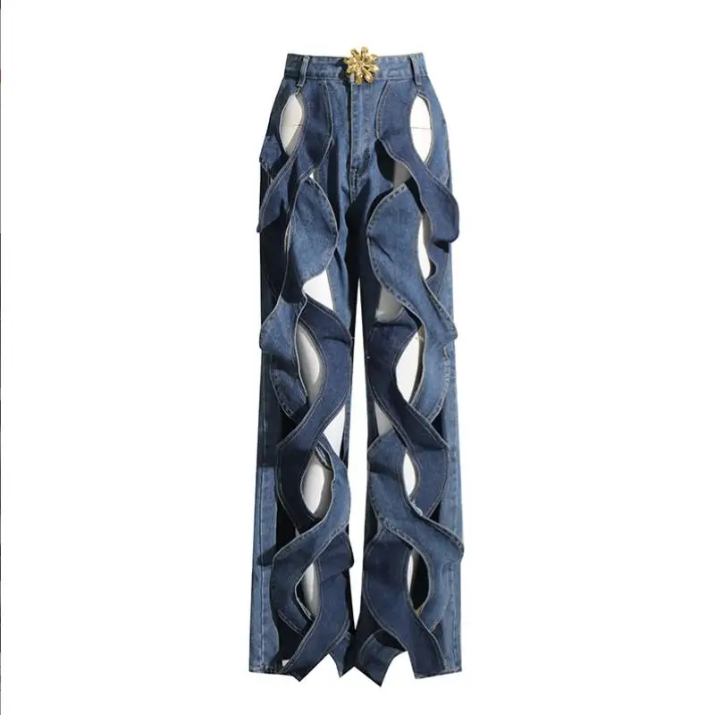 Fashion Hollow Out Jeans Straight Denim Pants 2023 Summer Casual Wide Leg Jeans Trousers Streetwear Women Clothes w681