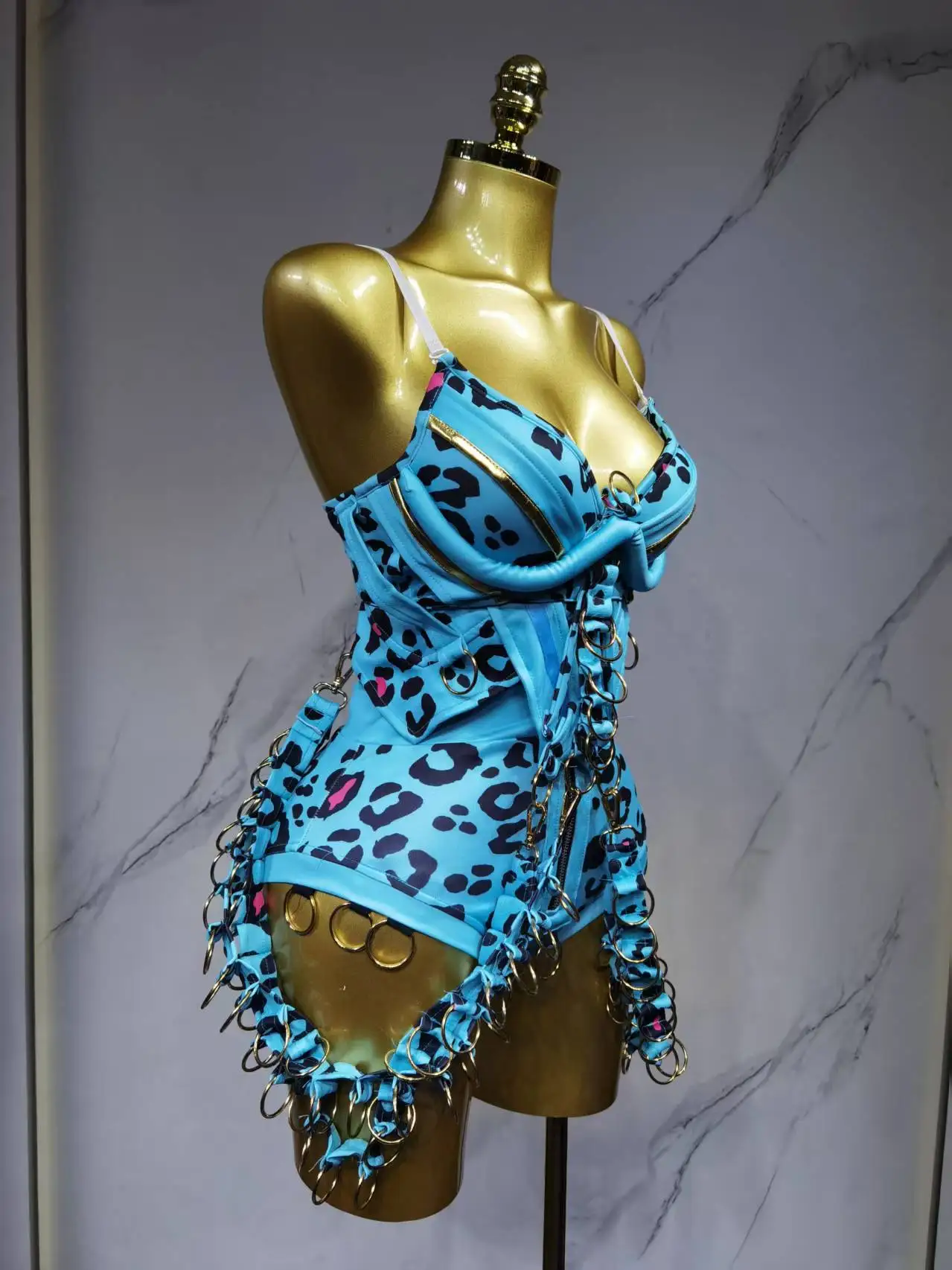 الأزرق ليوبارد سلسلة ارتداءها الزي مثير جوجو ملابس الرقص القطب ملابس رقص للنساء مرحلة الأداء ارتداء DJ