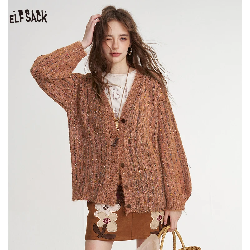 ELFSACK Women's Vintage Knit Cardigan with Buckle Details, Cozy Brown V-Neck Top for Everyday, Loose Puff Sleeve Outerwear