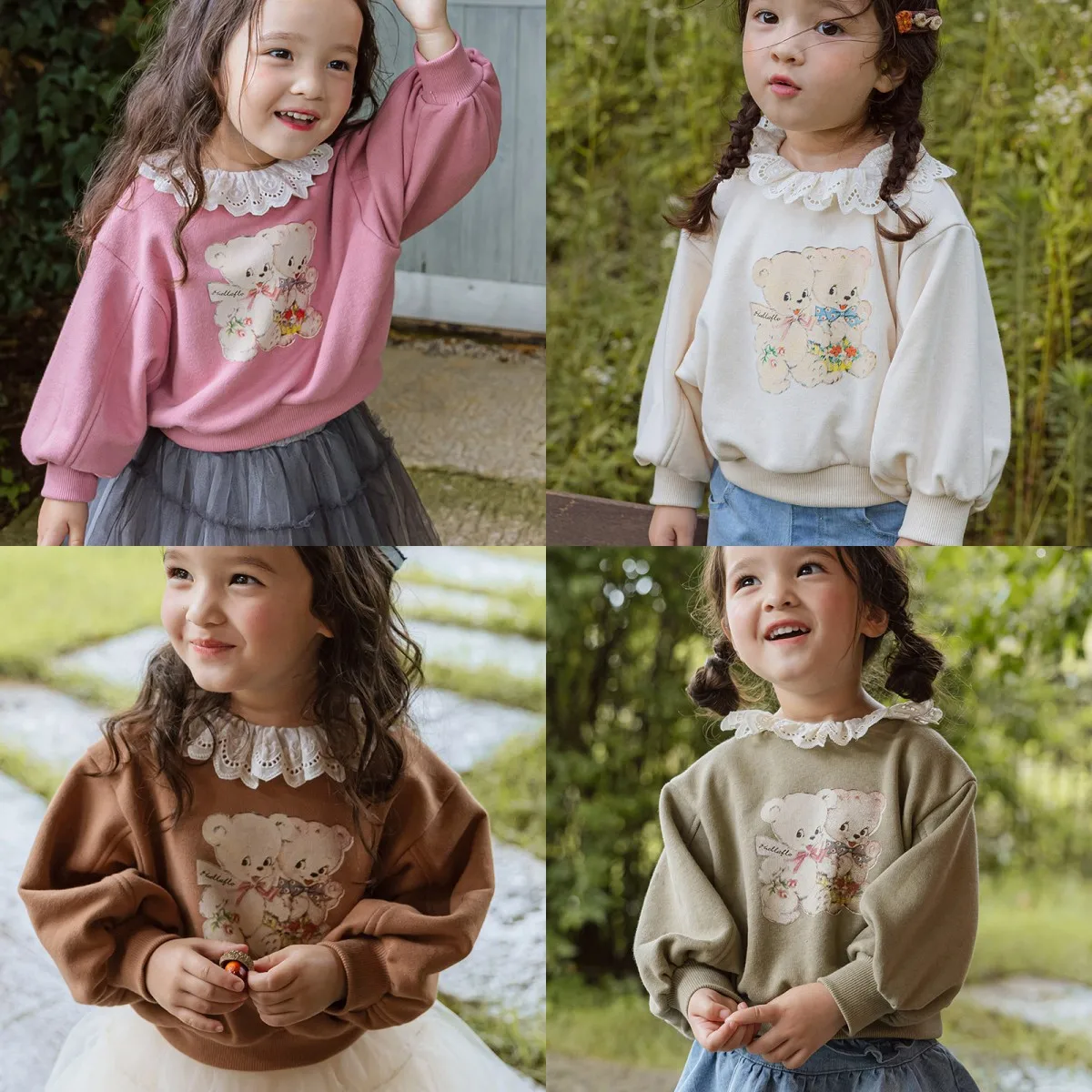 Kids Clothes Girls 2024 Autumn Toddler Baby Girls Hollow Lace Cute Bear Sweater Children\'s Sweatshirts