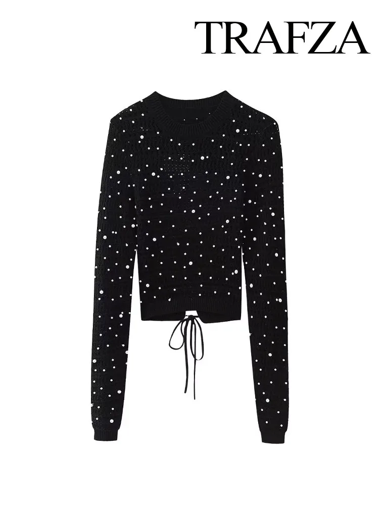 TRAFZA Autumn Women Fashion Crop Tops Black O-Neck Long Sleeve Backless Hollow Out Lace-Up Pullovers Female Sexy Short Sweater