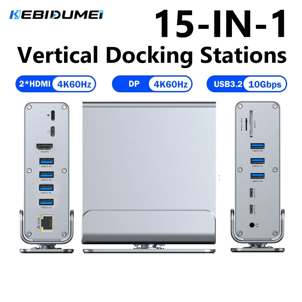 KEBIDUMEI 15 in 1 Vertical Docking Stations TYPE C HUB USB3.0 4K60Hz DisplayPort RJ45 1000Mbps SD TF 3.5mm Adapter For Laptop PC