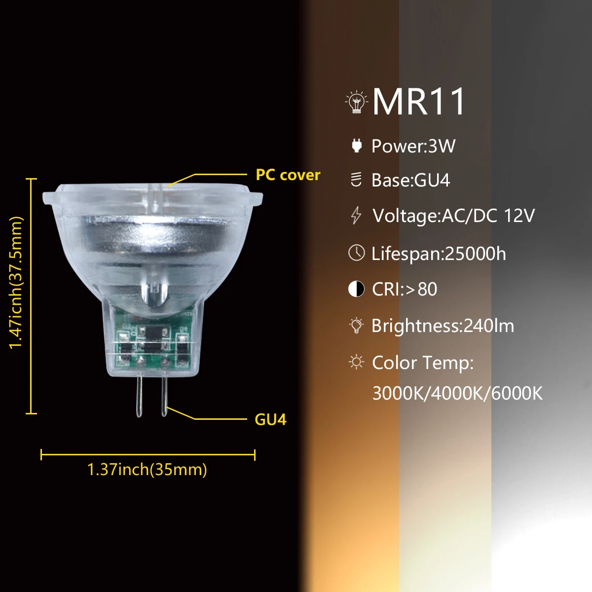 Mini budgétaire LED MR11 GU4.0, basses sions, AC, DC, 12V, 3W, 3000K, 4000K, 6000K, super léger, adapté à la cuisine et au bureau, 4-20 pièces