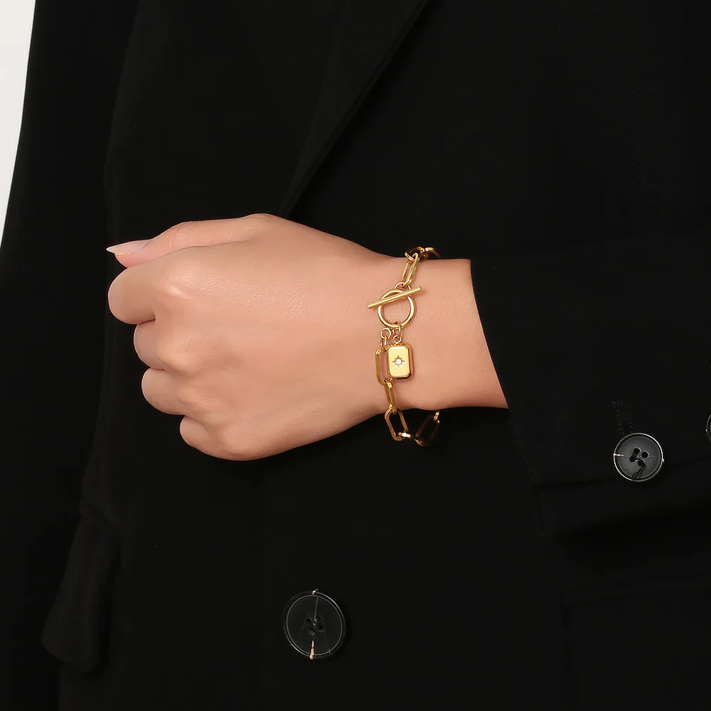 Fashion Octagonal Block Titanium Steel Bracelet with Zircon 18K Gold Plated Waterproof Anti Allergy Jewelry for Women Gift
