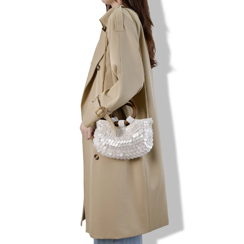 Shell Purse For Women Shoulder Bag Handmade Seashell Beaded Clutch Wooden Top Handle Bag Beach Evening Handbag for Summer