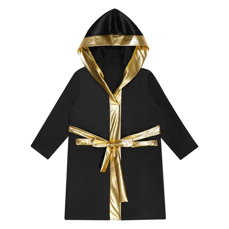 Kids Boys Boxing Robe Halloween Party Boxer Cosplay Costume Long Sleeve Open Front Metallic Trim Satin Hooded Cloak with Belt FH