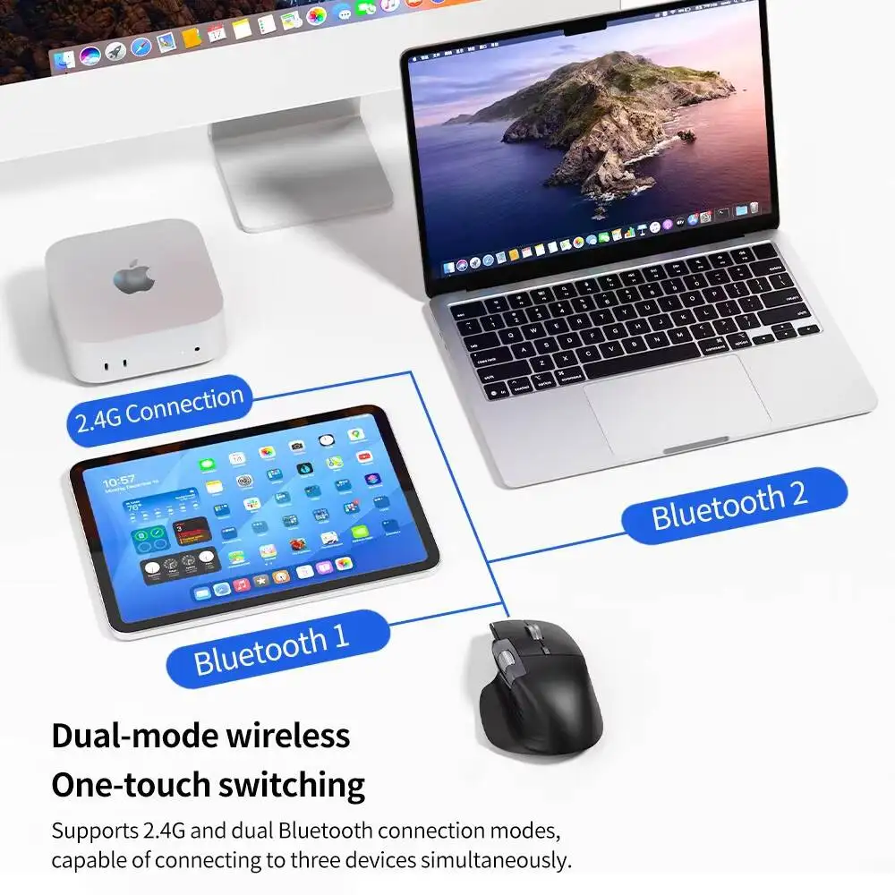 Ergonomic Right Hand Office Mouse 2.4G+Bluetooth Dual Mode Rechargeable Silent Click High-Speed Roller Mice For PC Laptop Tablet