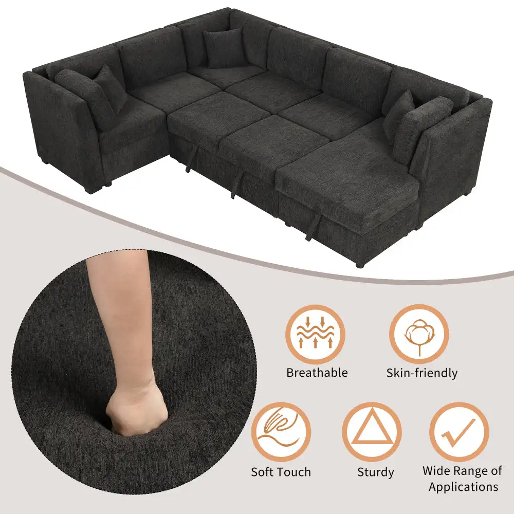 

108.6″ U-shaped Sectional Sofa Pull out Sofa Bed with Two USB Ports, Two Power Sockets, Three Back Pillows and a Storage Chaise