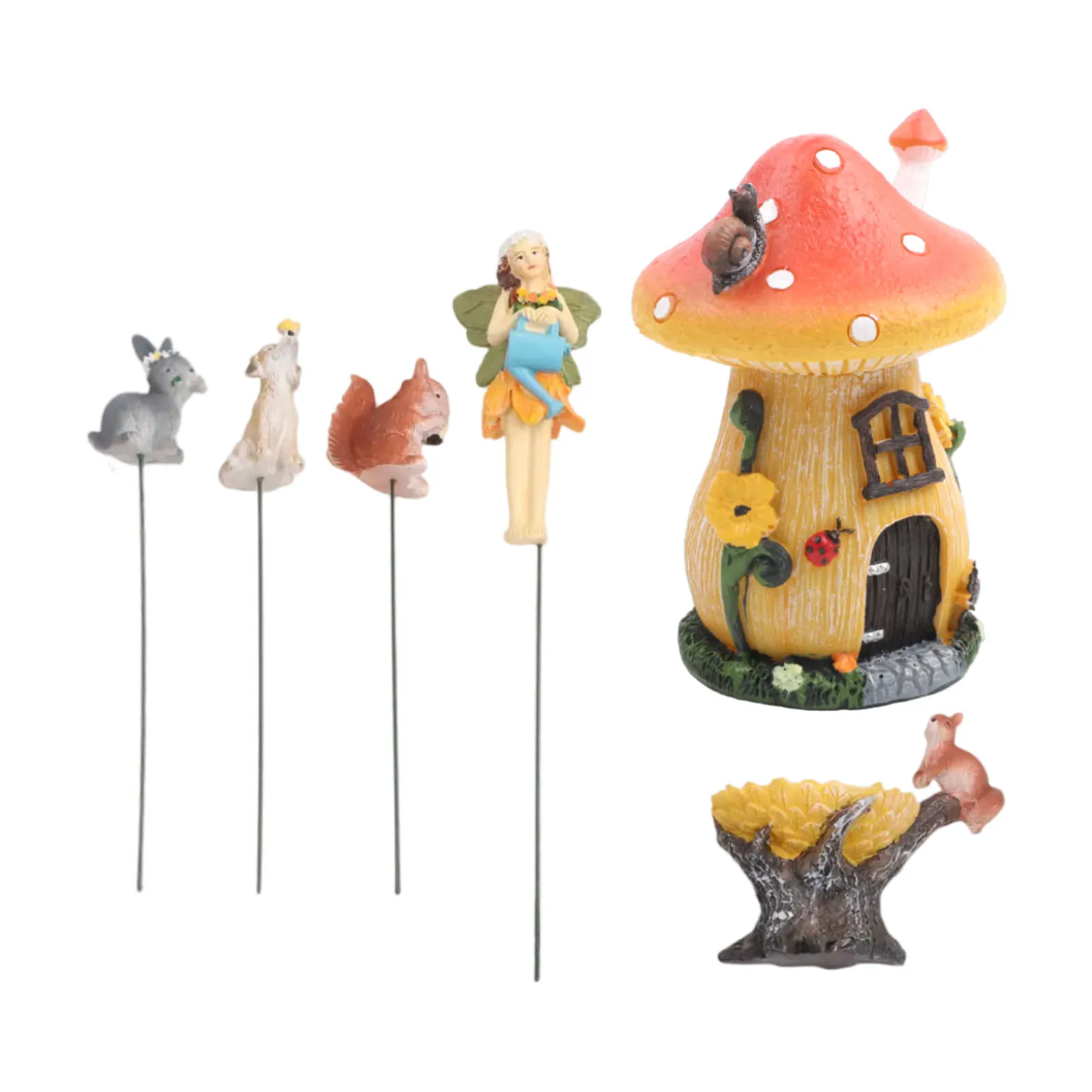 Miniature Resin Fairy House Set With Flower Fairy Dog Squirrel Bunny Water Bowl For Garden Yard Decoration Lawn Ornaments Kit