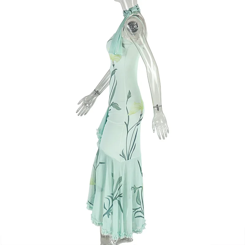 DSMTRC Vintage Luksusowa Damska Sukienka Wieczorowa z Nadrukiem Elegancka Bez Rękawów na Cienkich Ramiączkach Obcisła Sukienka Bodycon z Falbankami i Wycięciami