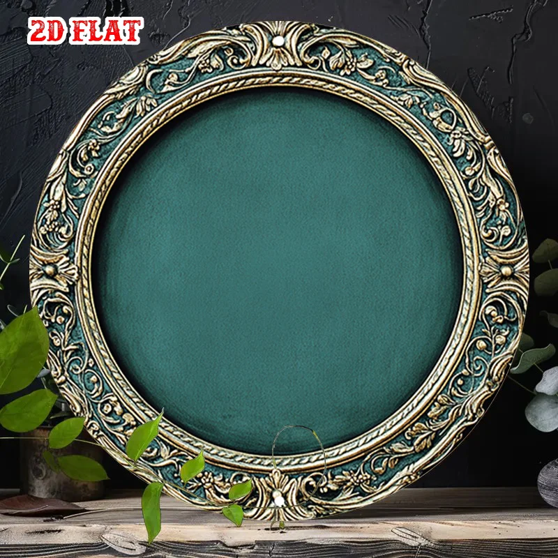 2D Flat, 2D Flat A Classic Metal Poster Featuring a 2D Flat Design, Showcasing a Golden Frame and a Soft Teal Center Against a B