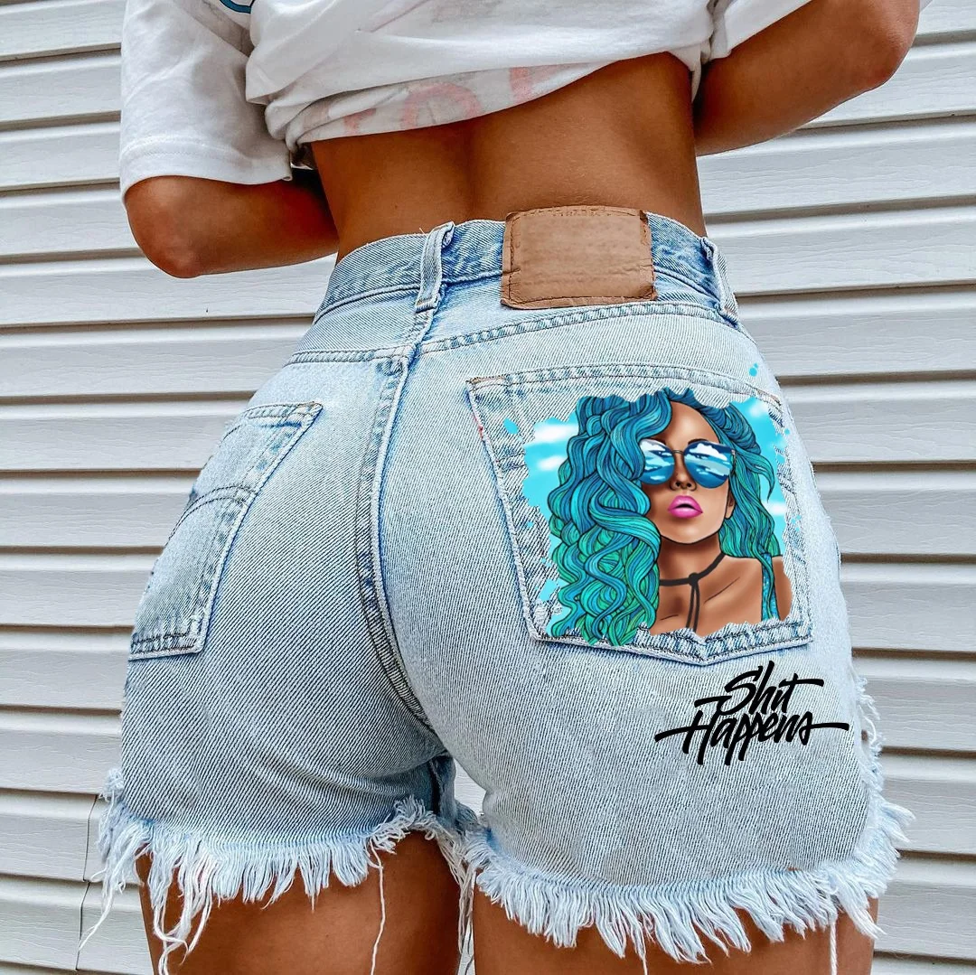 

American Street City Girl Style Personalized Pocket Print 2024 Spring/Summer New Perforated Ragged Edge Denim Shorts