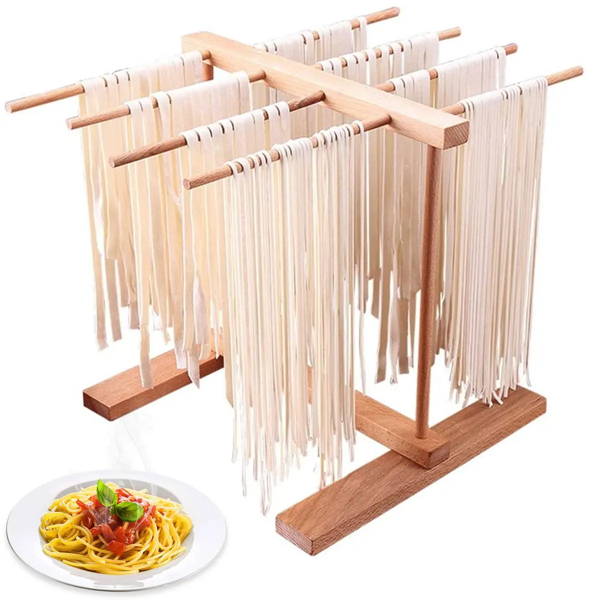 Buchen-Nudeltrockner mit Transferstab und 8 Stangen, Zusammenklappbarer Spaghetti-Trockner für Küche, Nudeltrocknung und Kochen