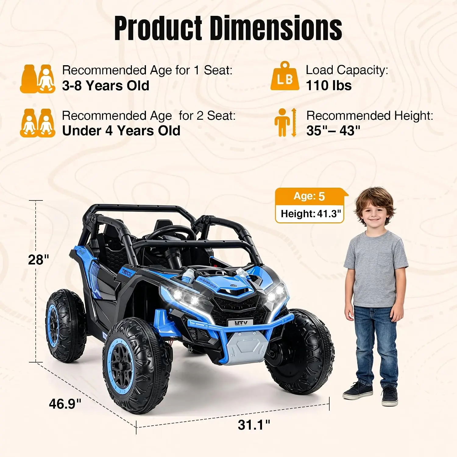 Blue 24V Ride On Cars Kids 2 Seater 800W Electric Remote Control UTV Truck Ages 3 8 3 Speed Music LED Light Off Road