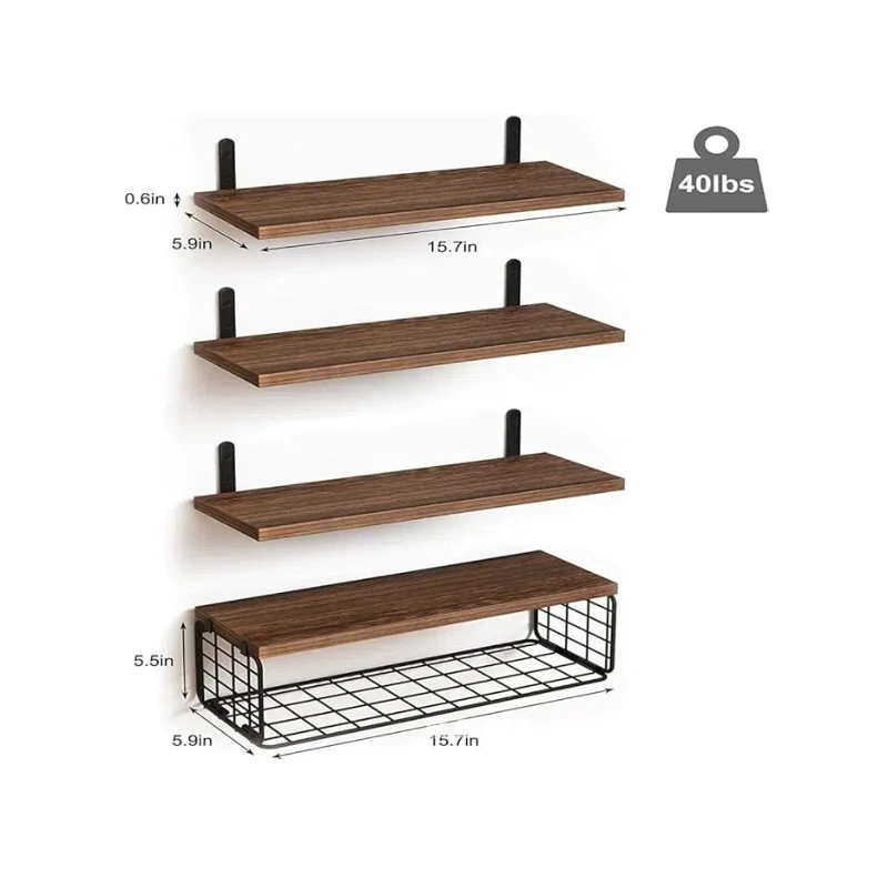 4 Tiers Floating Shelves Wall Mounted,Bathroom Shelves with Wire Storage Basket,Storage Shelves Wall Shelves for Bedroom, Living