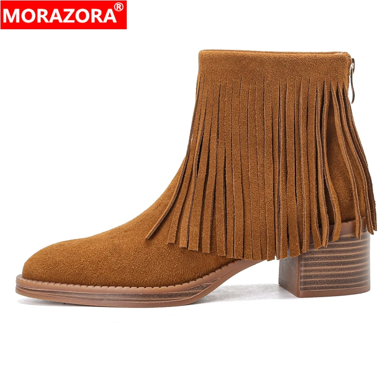 

MORAZORA 2021 New Cow Suede Leather Ankle Boots For Women Zipper Tassel Square High Heels Autumn Winter Western Boots Female