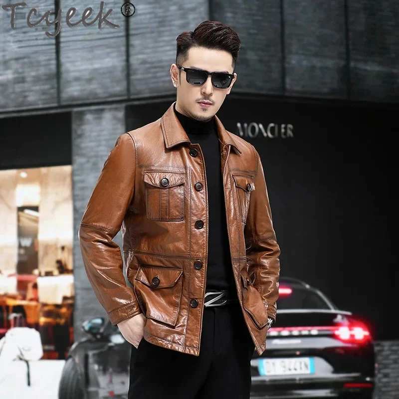 Tcyeek Genuine Leather Jackets for men Spring Autumn Hunting Jacket Oil Wax Cowhide Coat Mens Clothing Jaqueta Couro Masculina