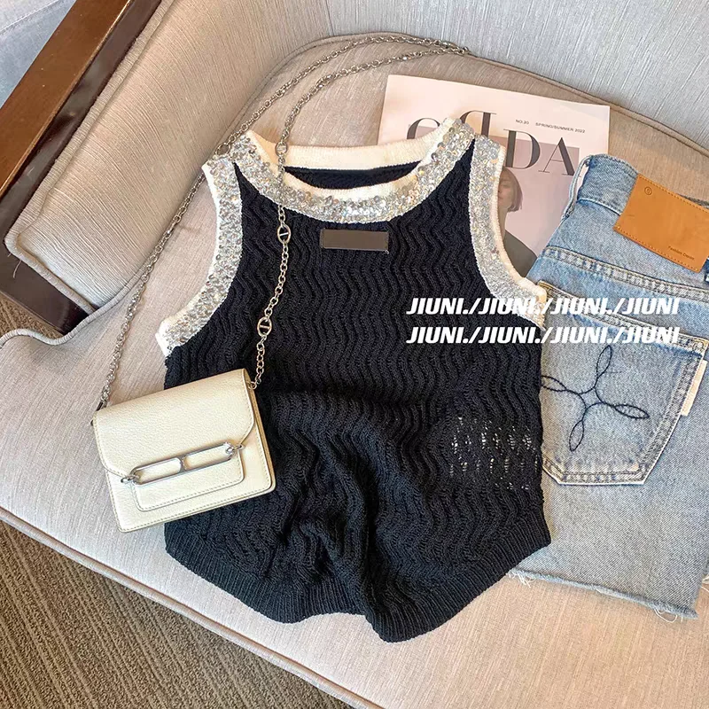 

Короткий вязаный жилет с черными бриллиантами, женский летний дизайн, универсальный, можно носить как внутренний, так и внешний слой, из полиэфирного волокна.