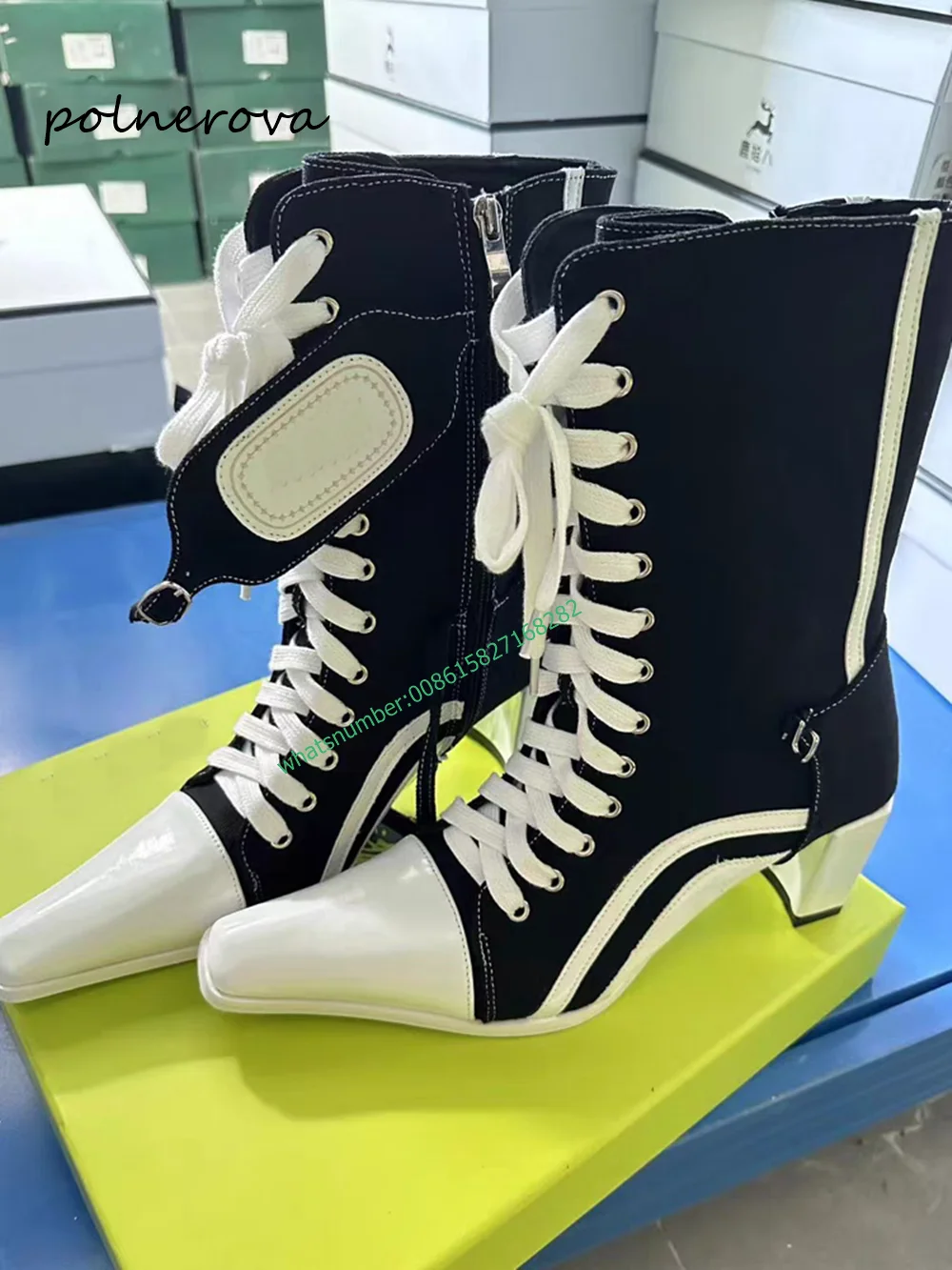 Newest Lace-Up Canvas Ankle Boots Solid Pointy Toe Chunky Heel Boot Fashion Runway Party Shoe for Women 2024 Spring Leisure Sexy