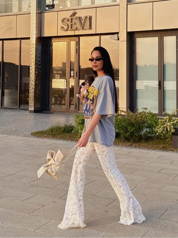 

Элегантные белые кружевные брюки-клеш, женские модные длинные прямые брюки-клеш с высокой талией, 2026, женская весенне-осенняя повседневная одежда для поездок на работу