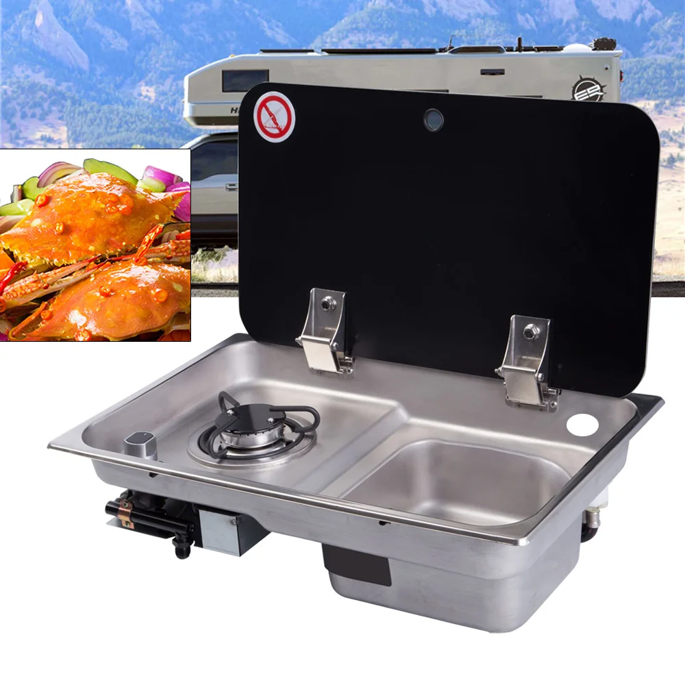 Boat Caravan RV Camper 1 Burner Gas Stove Hob and Sink Combo with Glass Lid GR-903 Black and Silvery