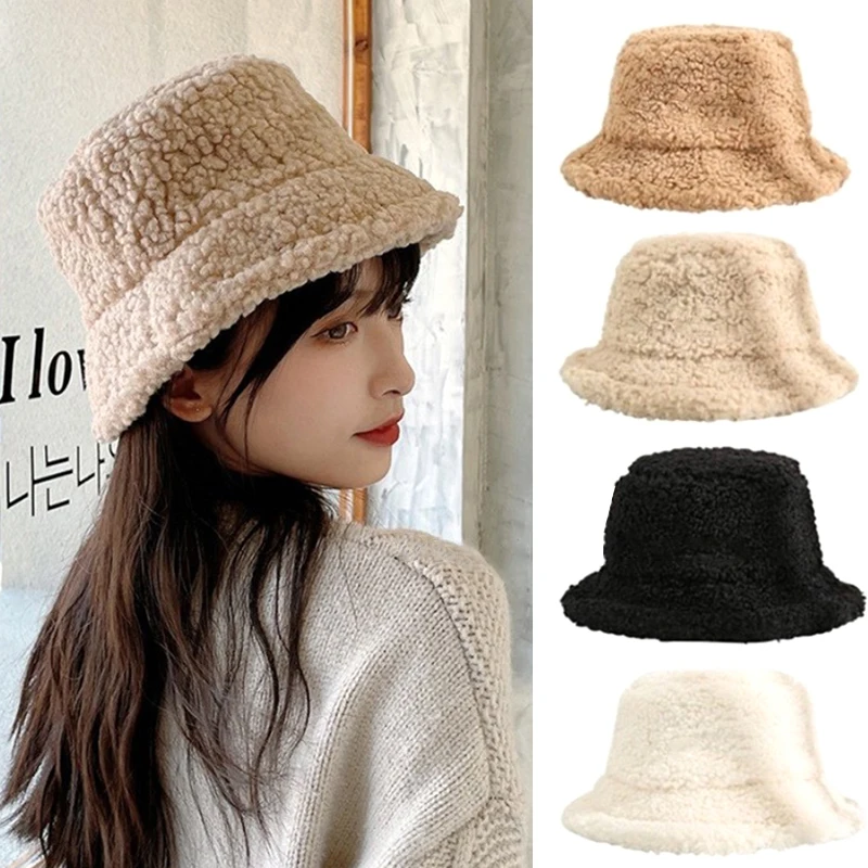 Lamb Faux Fur Bucket Hat Winter Warm Teddy Velvet Hats Caps For Women Lady Outdoor Panama Fisherman Hat