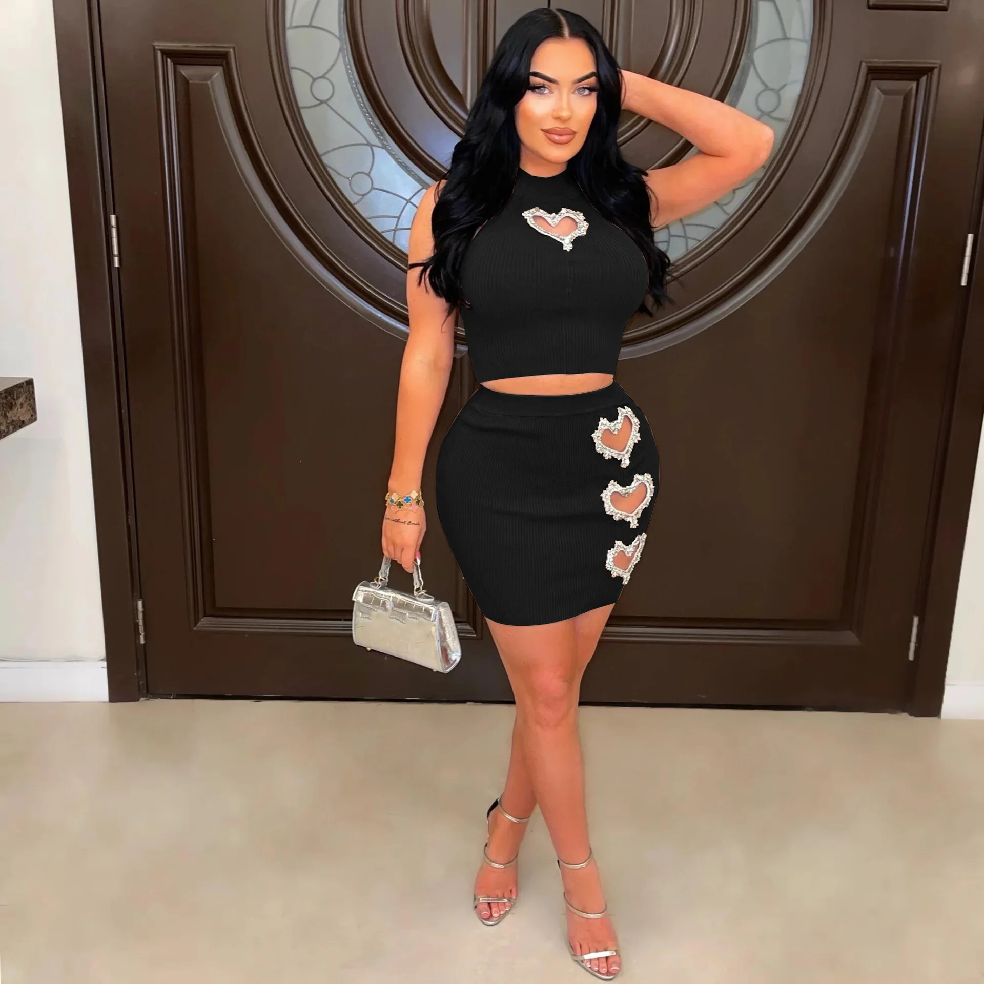 New Fashion Women's Two-Piece Summer Sleeveless Half-Turtleneck Top And Slim-Fit Skirt Set Solid Color Ladies 2-Piece Suit