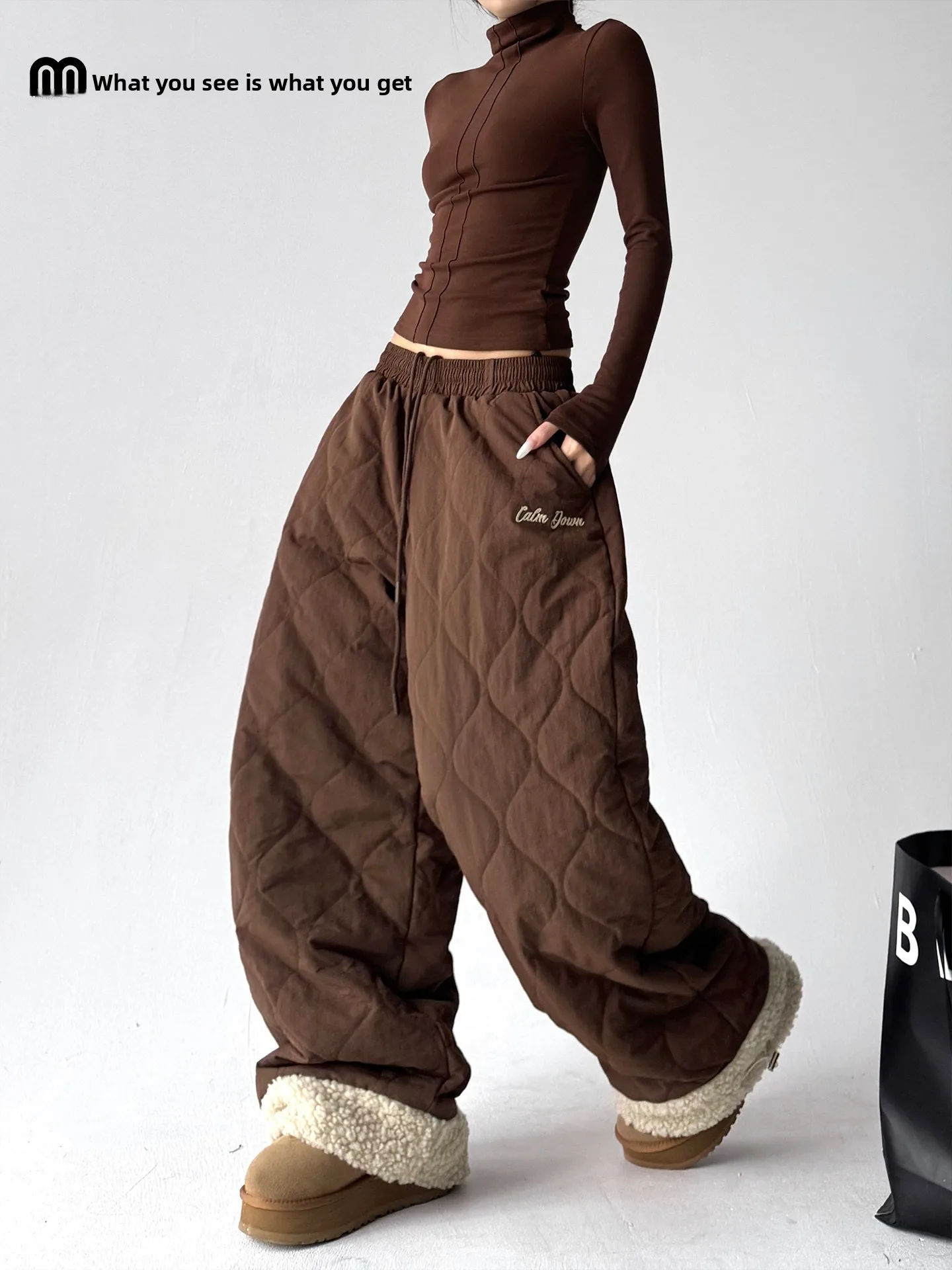 

Теплые повседневные женские хлопковые брюки с высокой талией в стиле ретро, свободные прямые длинные брюки с ромбовидным узором