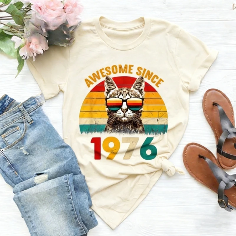 1976 Retro Cool Lovely Cat 50th Birthday Shirt Gift for Women Awesome Since Printed T-shirt Tops  All-match Regular Short Sleeve