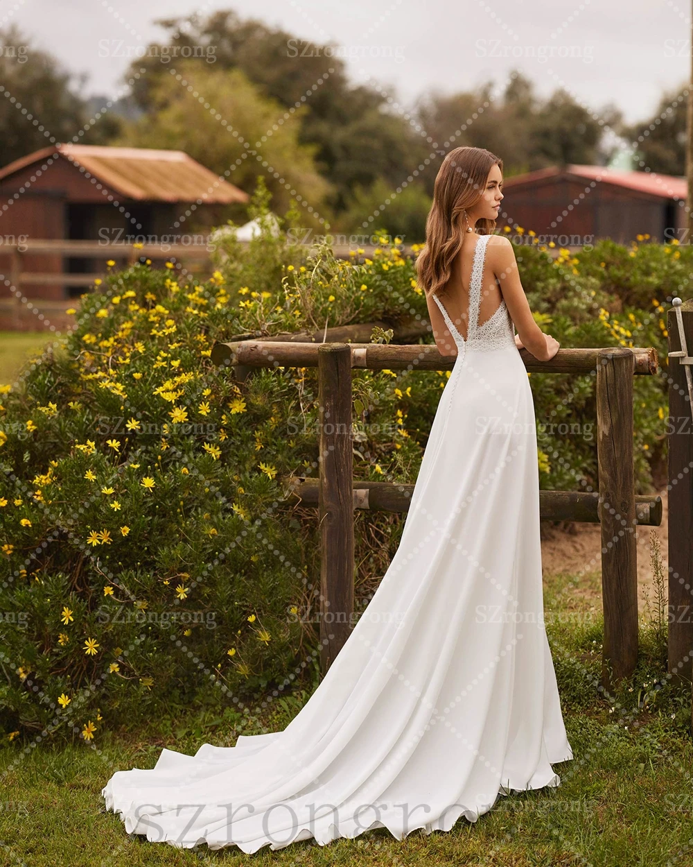 

Custom Made Bohemaid Scoop Neck Chiffon Wedding Dress Lace A-line Open Back Floor Length Bridal Dress with Court