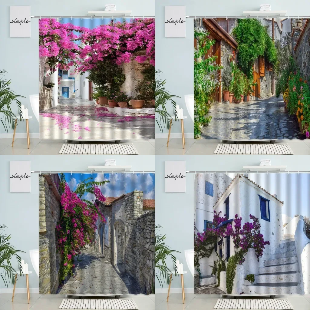 Greece Street View Shower Curtain Country Retro Town Spring Green Plants Flowers Vines Scenery Bathroom Decor With Hook Screen