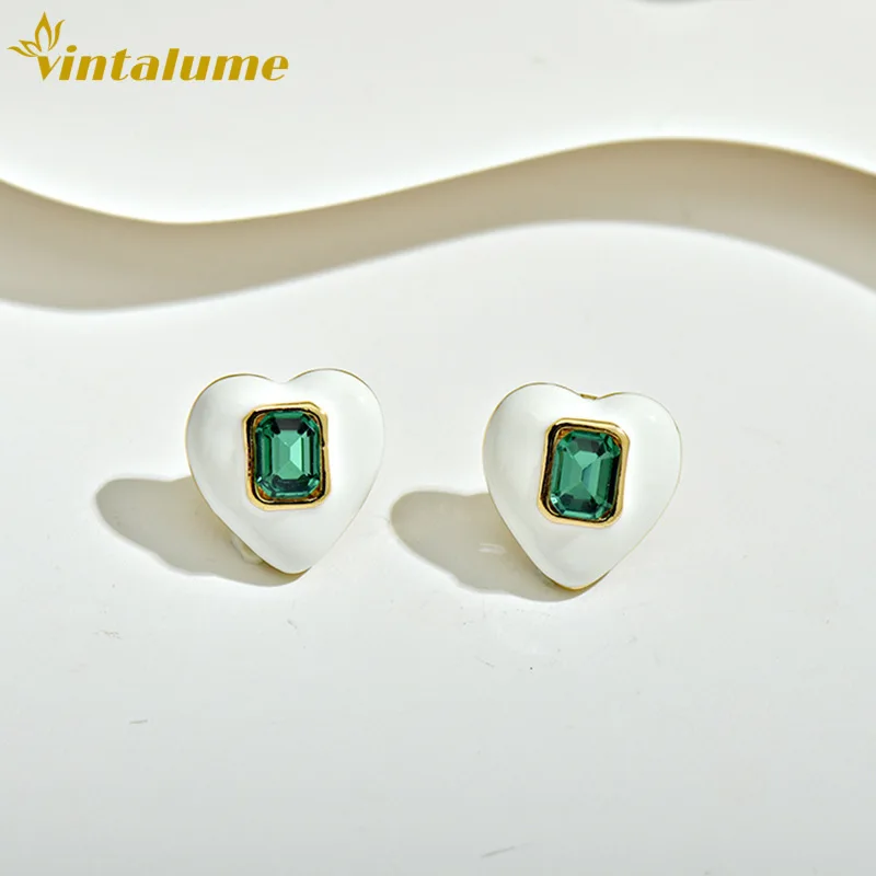 

Серьги-гвоздики Vintalume в форме сердца с белой эмалью и зеленым кристаллом, женские модные украшения, простые изящные маленькие серьги для многослойных композиций
