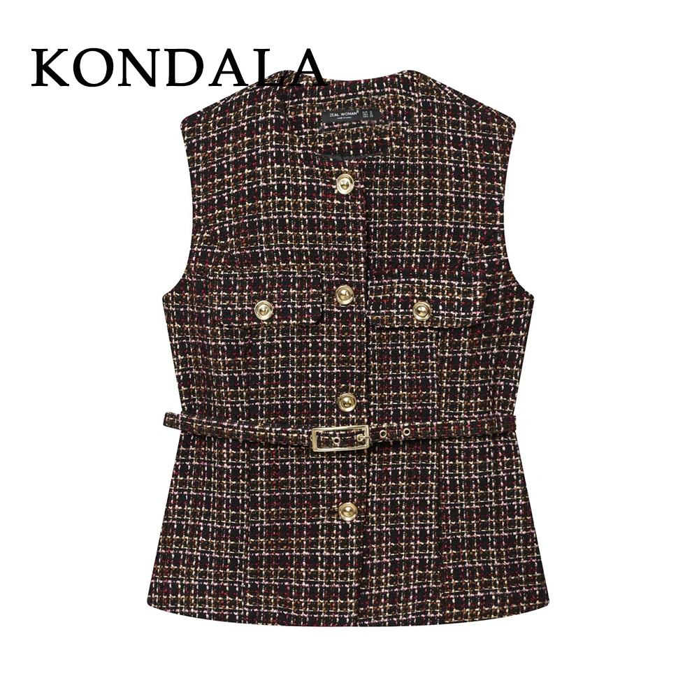 KONDALA Vintage Texture Woman Autumn Vest Fashion 2025 Sashes Single Breasted Sleeveless Chic Casual Slim Vest Mujer Outwears
