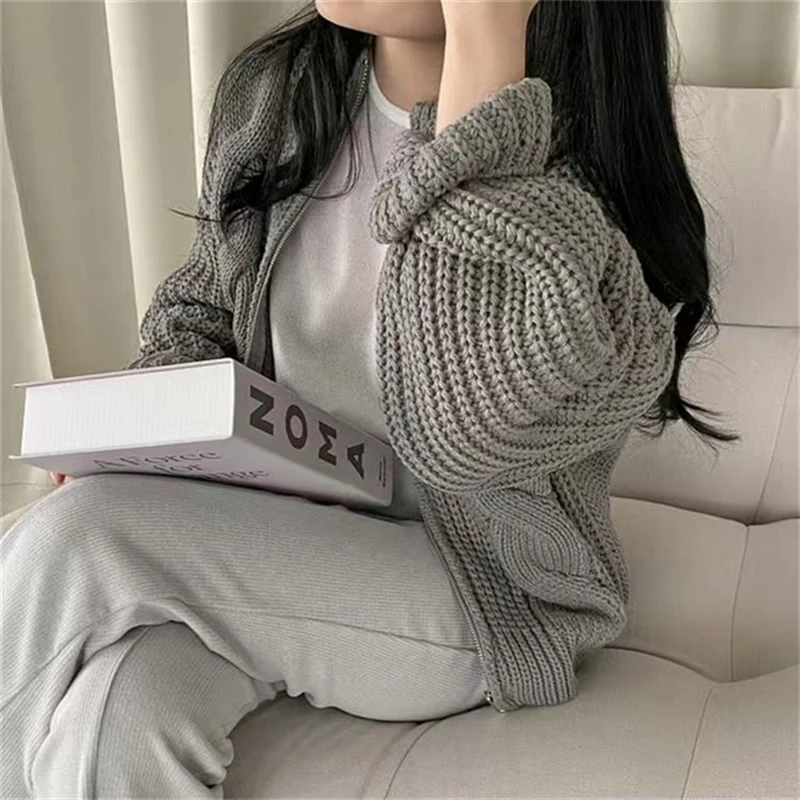 Rimocy Chic Zipper Up Knitted Cardigan Women Autumn Winter Solid Color Twisted Sweater Woman Wild Long Sleeve Jumper Coats Mujer