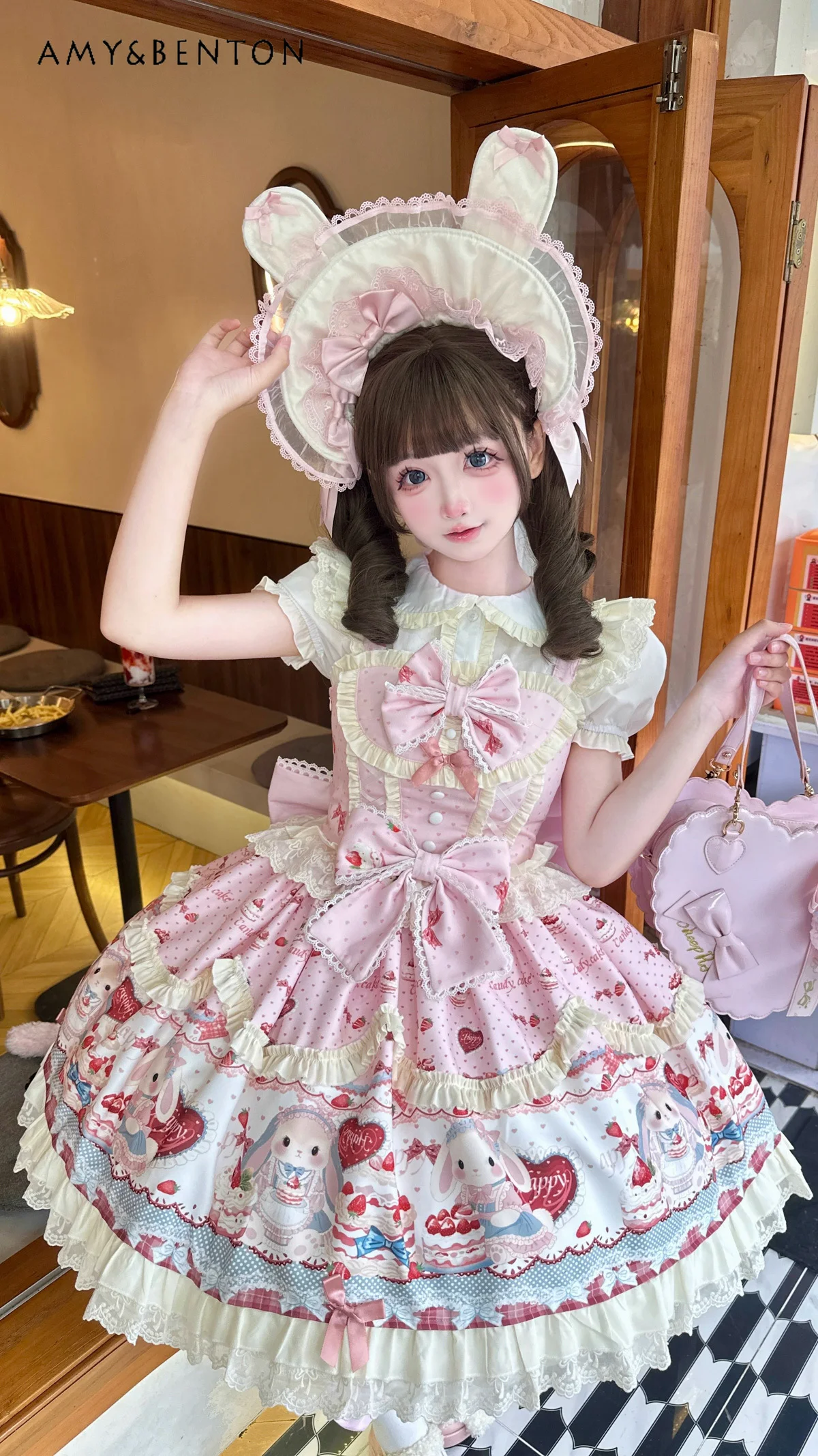 

New Hot Sale Sweet Cute Bunny Cake Print Lolita Bowknot Slim High Waist Strap Dress White Versatile Short Sleeve Trailing Set