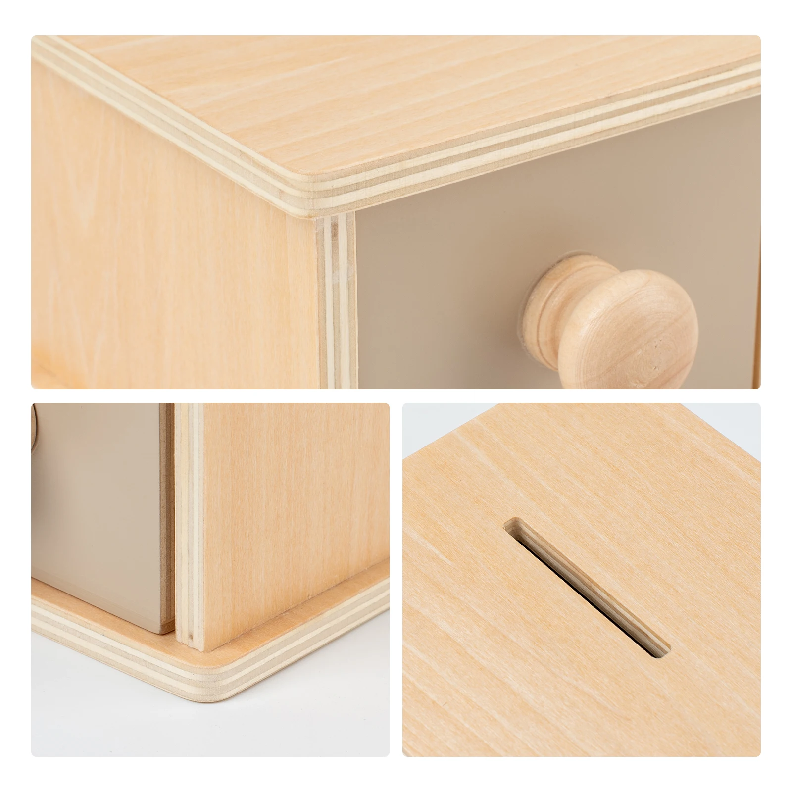 Jouet de tiroir de forme circulaire en bois. Des disques colorés glissent en dehors, offrant des bébés une expérience de jeu pratique délicieuse