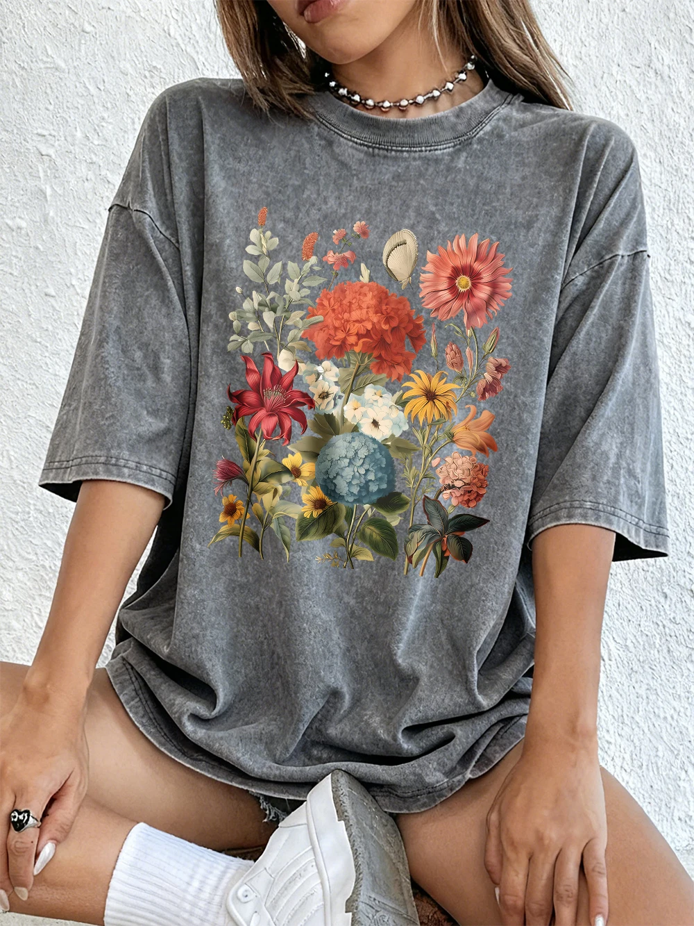 Vintage Hortensien-Blumen-Prints Gewaschene T-Shirts Damen Baumwoll-Kurzarm-Tops Street O-Neck Oversize T-Shirt Sommerkleidung – Detail 8