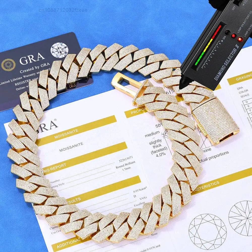 

VVS Moissanite Hip Hop S925 Sterling Silver High Quality 20MM Diamond Cuban Link Chain Three Row Cuban Link Chain Necklace