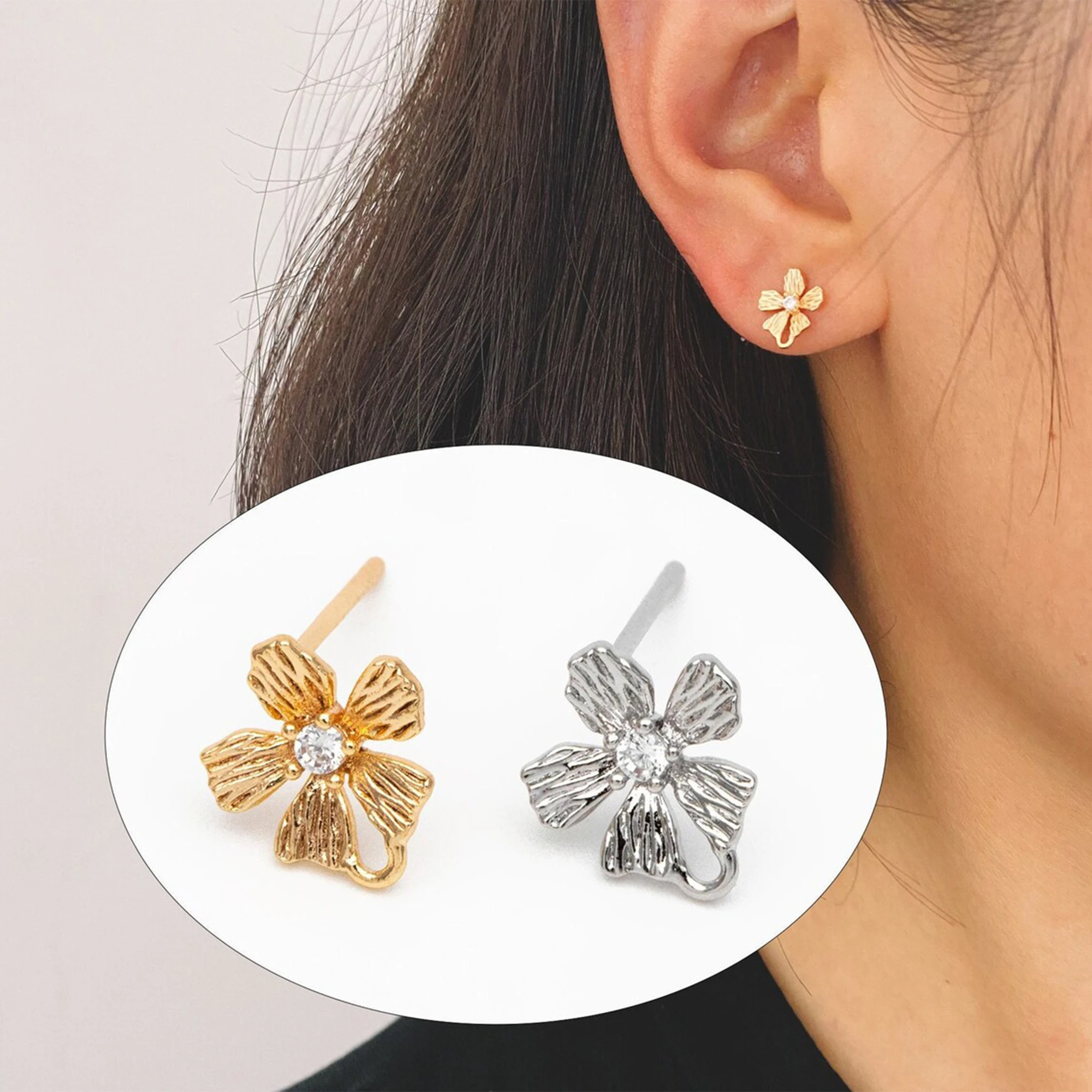 

10pcs CZ Pave Flower Earring, 18K Gold/ Rhodium Plated Brass, For Jewelry Making Diy Material Supplies (GB-3811)