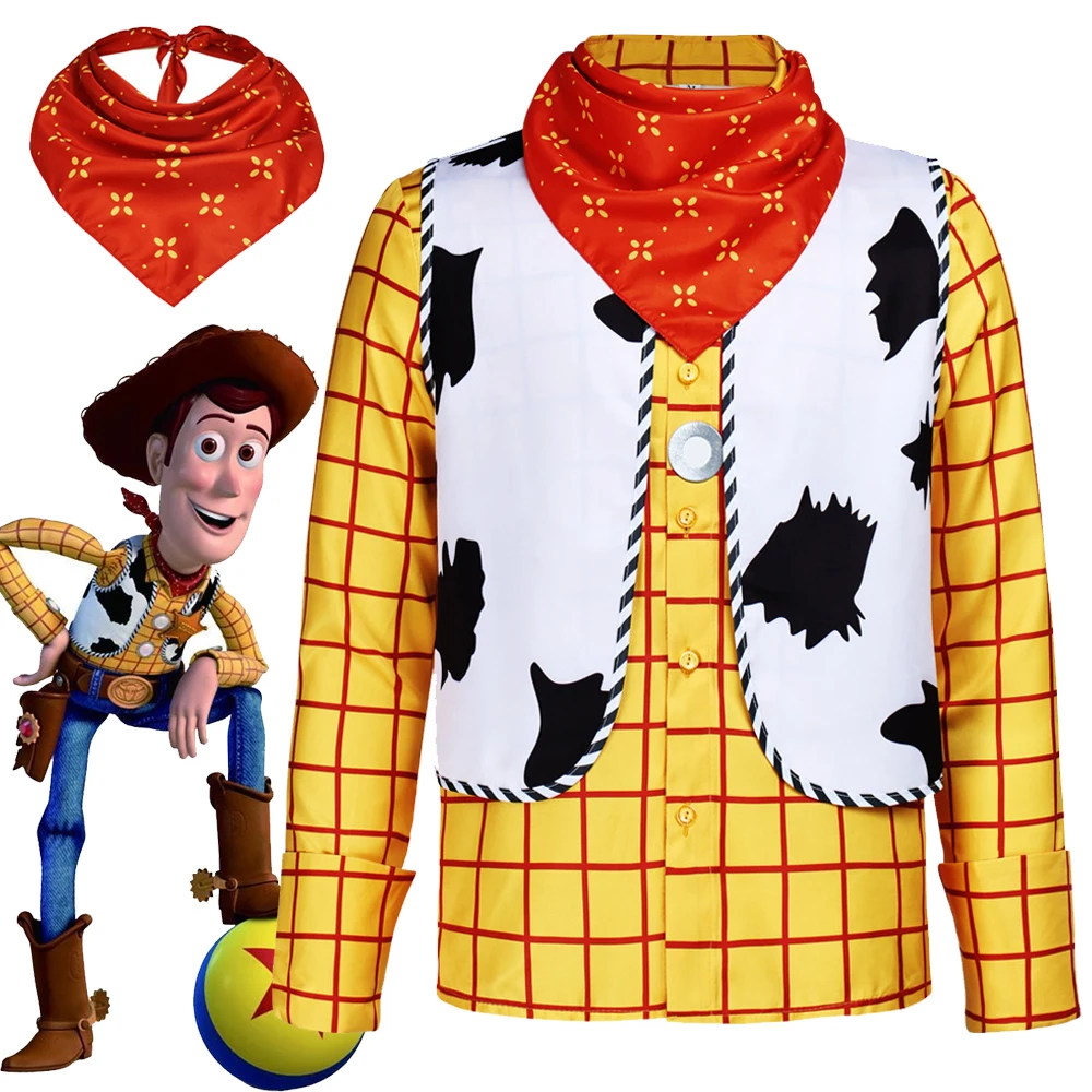 

Костюм для косплея Вуди из аниме: Желтая рубашка, жилет, шарф, полный комплект с ковбойской шляпой. Мужской наряд для Хэллоуина.