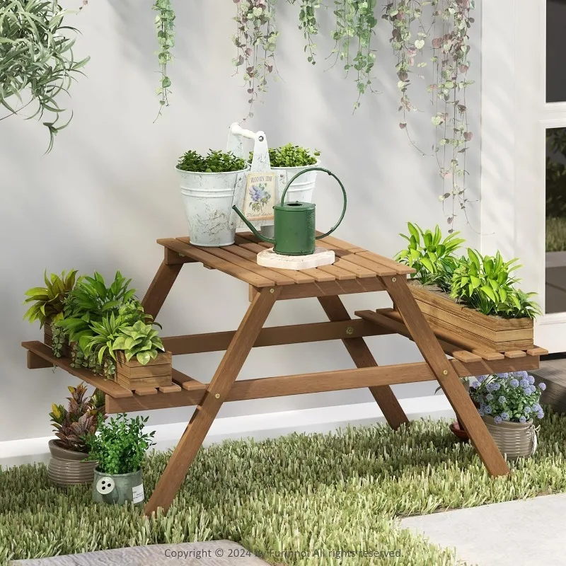 

Tioman Outdoor Hardwood 3-Tier Freestanding Plant Stand, Plant Shelf Organizer, Natural