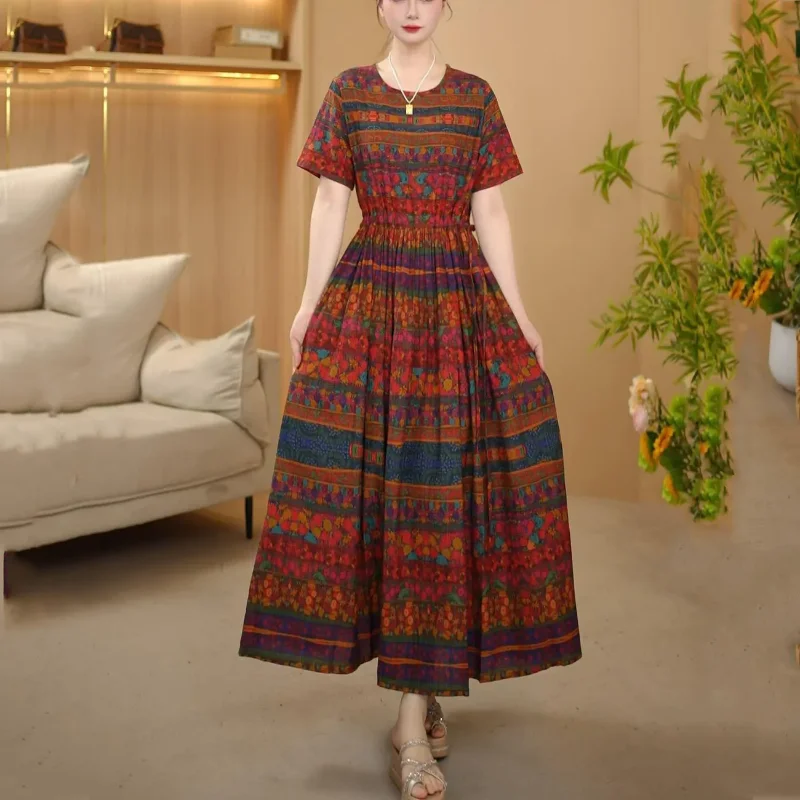 

Women's Boho Floral Striped Maxi Dress Short Sleeve Crew Neck Elastic Waist Vintage Ethnic Long Dress