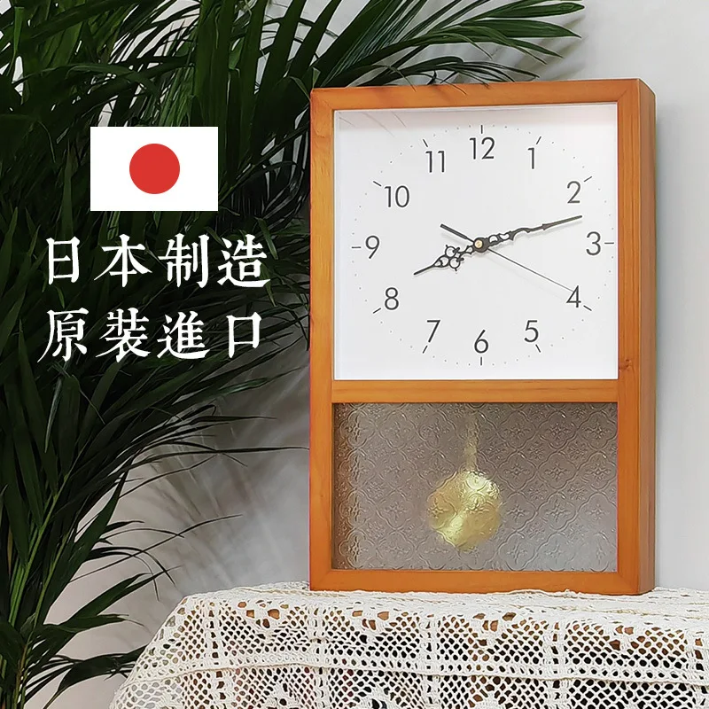 Solid wood Japanese retro clock living room Nordic new Chinese wall-mounted clock silent rectangular pendulum clock holder