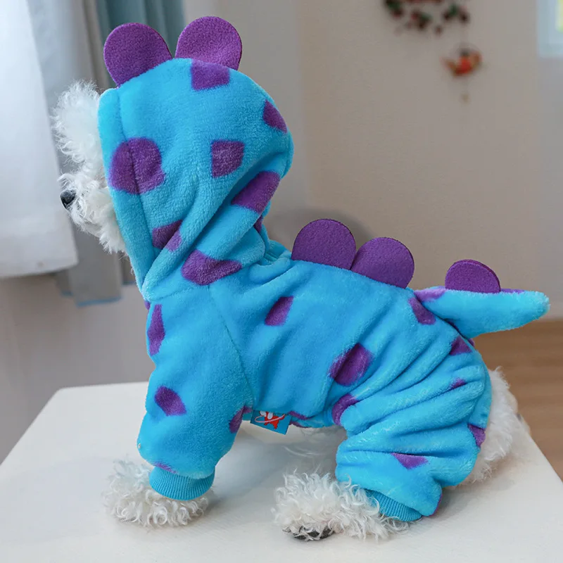 Cosplay Dinosaur Dog Halloween Costume for Small Dogs Dress Up Hoodies Thermal Velvet Padded Dog Pajamas Winter Puppy Jumpsuit