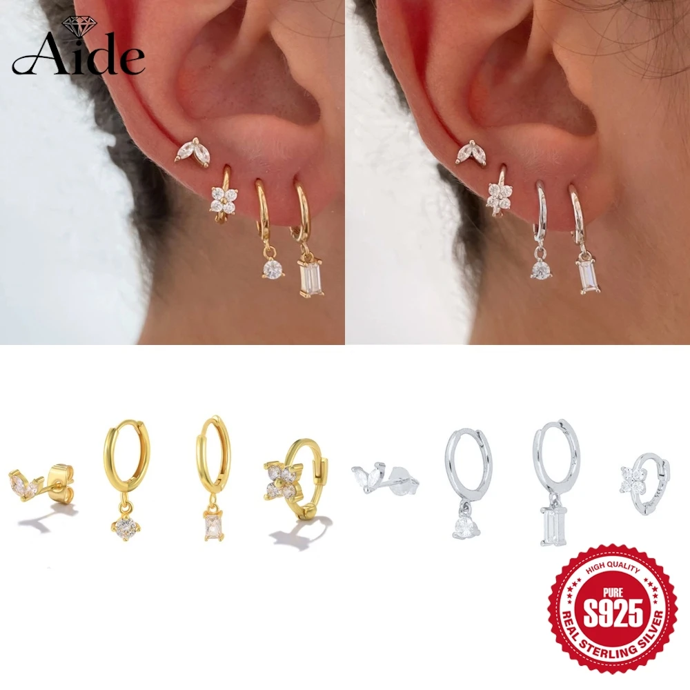 AIDE 925 Sterling Silber Rechteckige/Blumenförmige Zirkon-Ohrringe Set für Damen Modische Quasten-Creolen Piercing-Schmuck